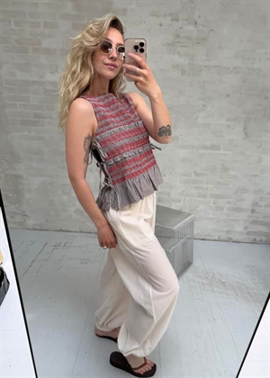 Check cotton smocked tie string top Chicory Coffee A1040365 Ganni 